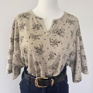 Vintage beige cotton tee with black floral minimalist print